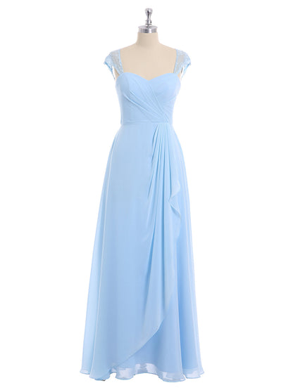 Chiffon Bridesmaid Dresses with Lace Cap Sleeves-Sky Blue
