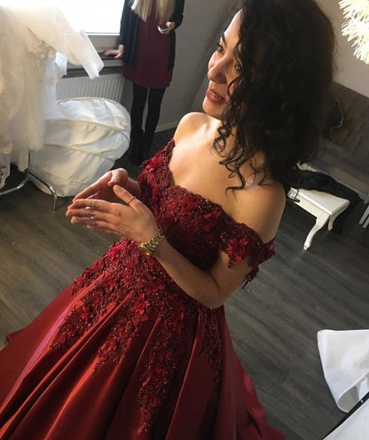 Maroon Satin Ball Gown Lace Off Shoulder