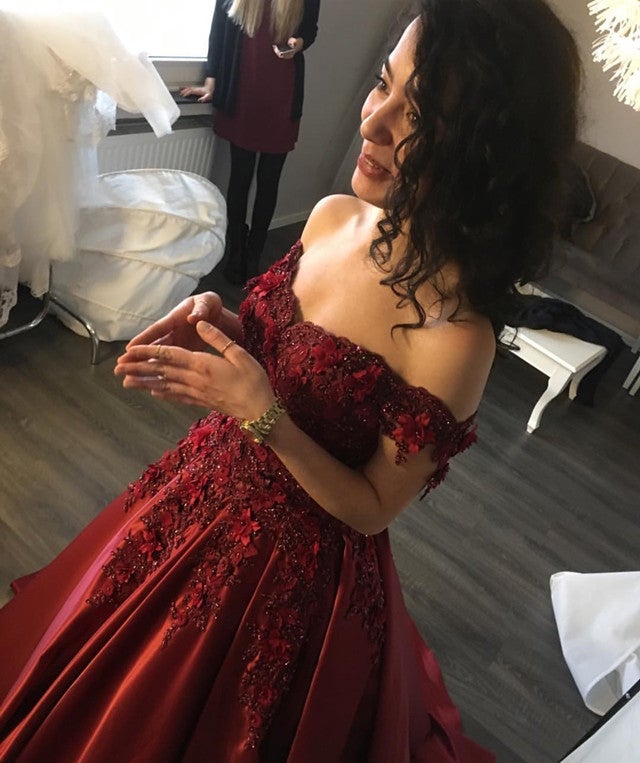Maroon Satin Ball Gown Lace Off Shoulder