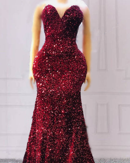 Maroon Sequin Prom Dresses Mermaid Strapless