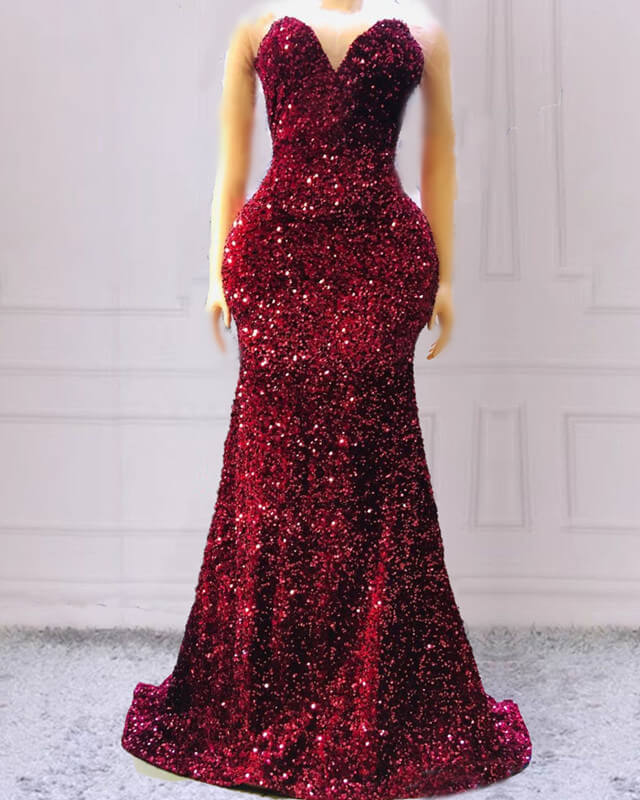 Maroon Sequin Prom Dresses Mermaid Strapless