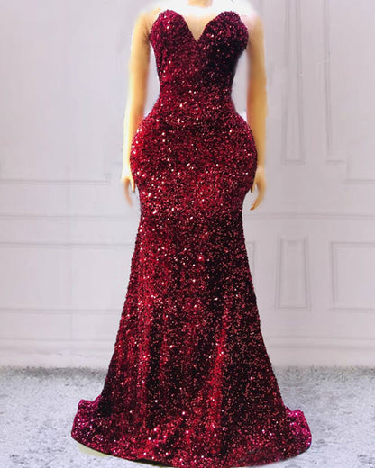 Maroon Sequin Prom Dresses Mermaid Strapless