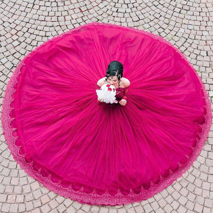Maroon Tulle Long Sleeves Lace Wedding Dresses Ball Gowns