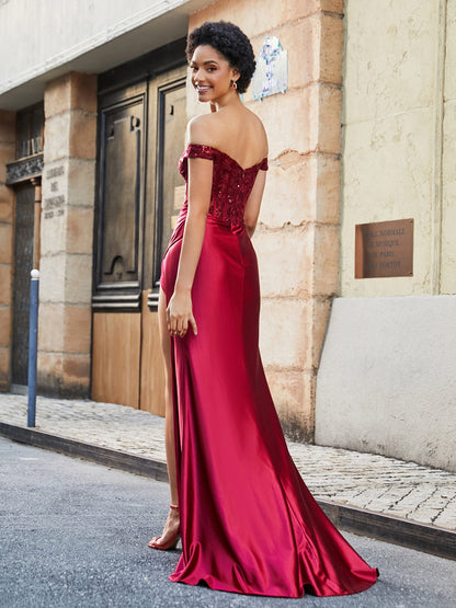 Off Shoulder Corset Bodice Satin Gown Burgundy