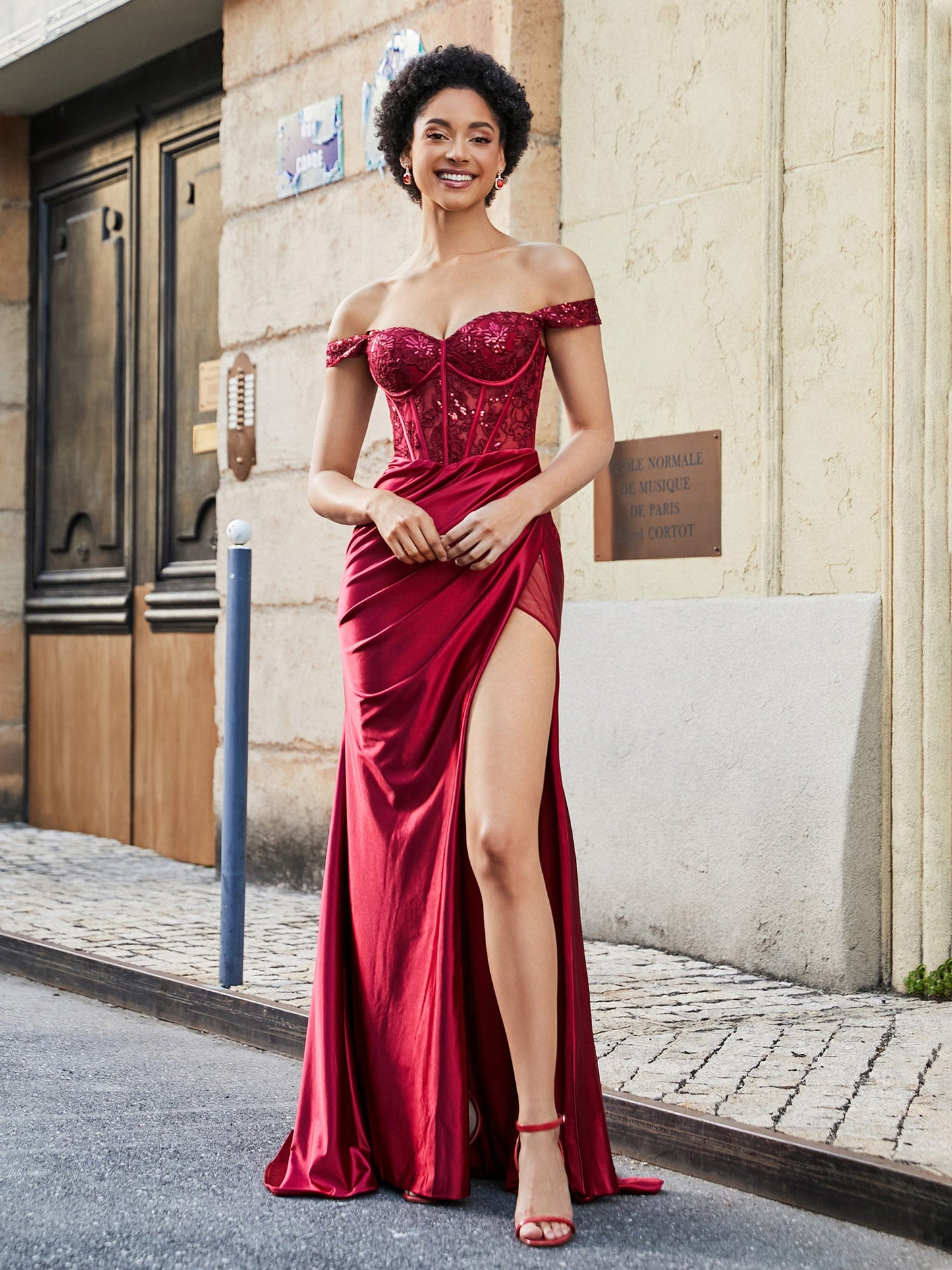 Off Shoulder Corset Bodice Satin Gown Burgundy