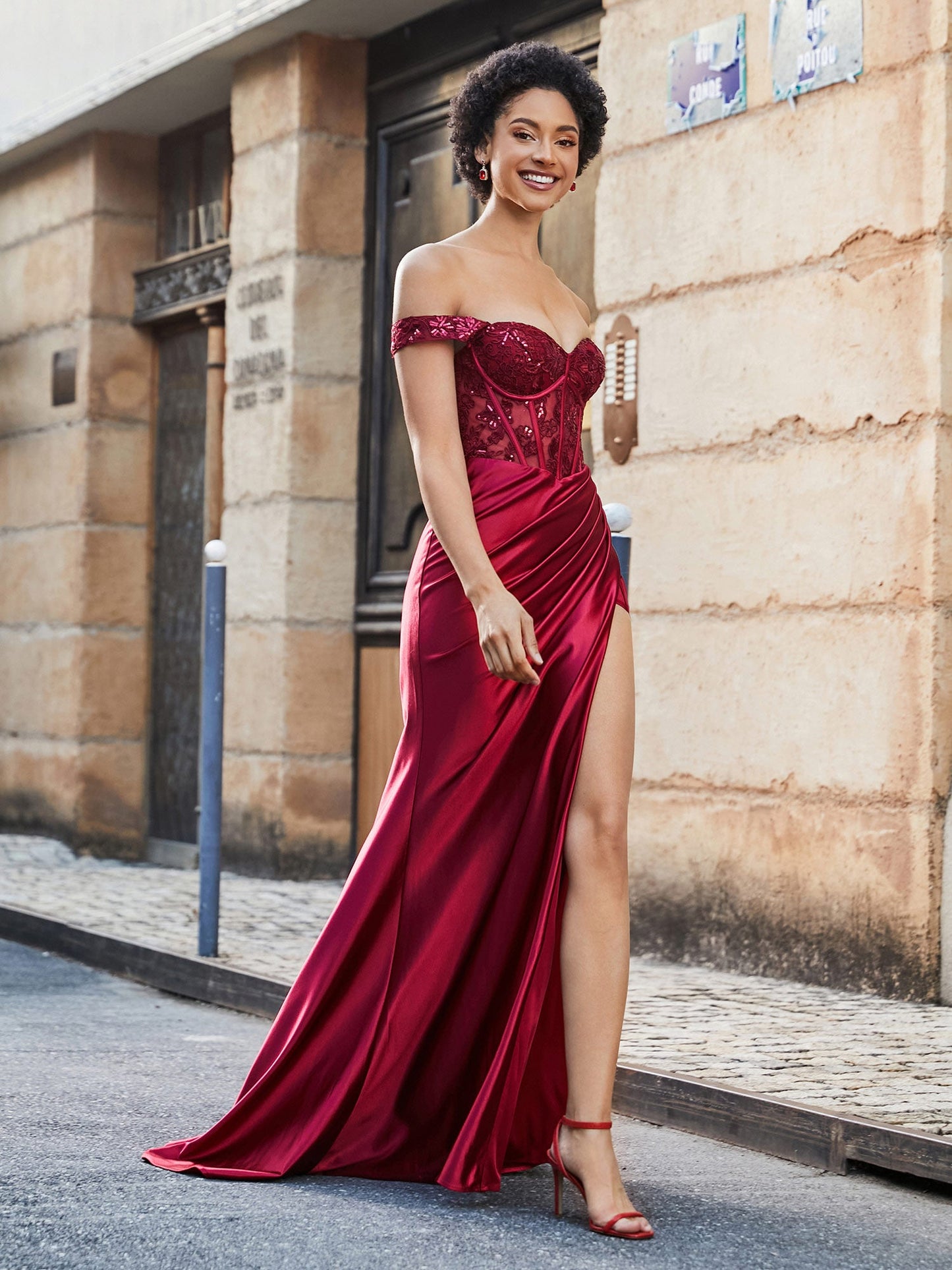 Off Shoulder Corset Bodice Satin Gown Burgundy