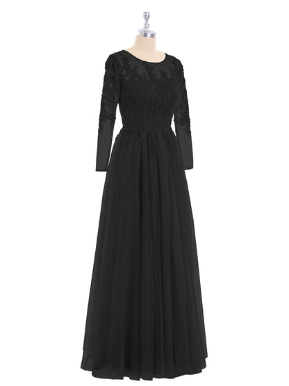 Tulle with Appliqued Long Sleeves Dress-Black Plus Size
