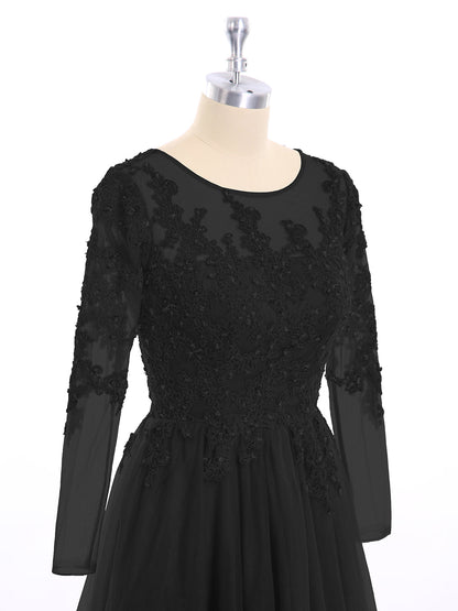 Tulle with Appliqued Long Sleeves Dress-Black Plus Size
