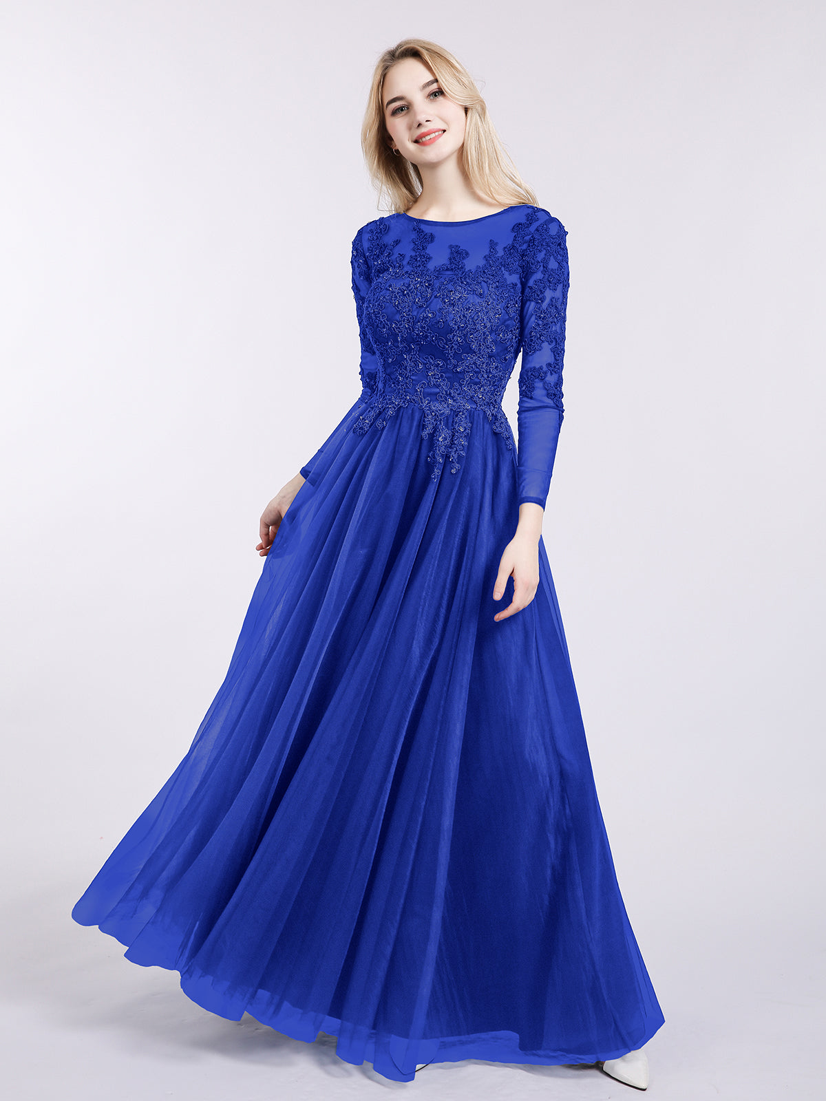 Tulle with Appliqued Long Sleeves Dress-Royal Blue