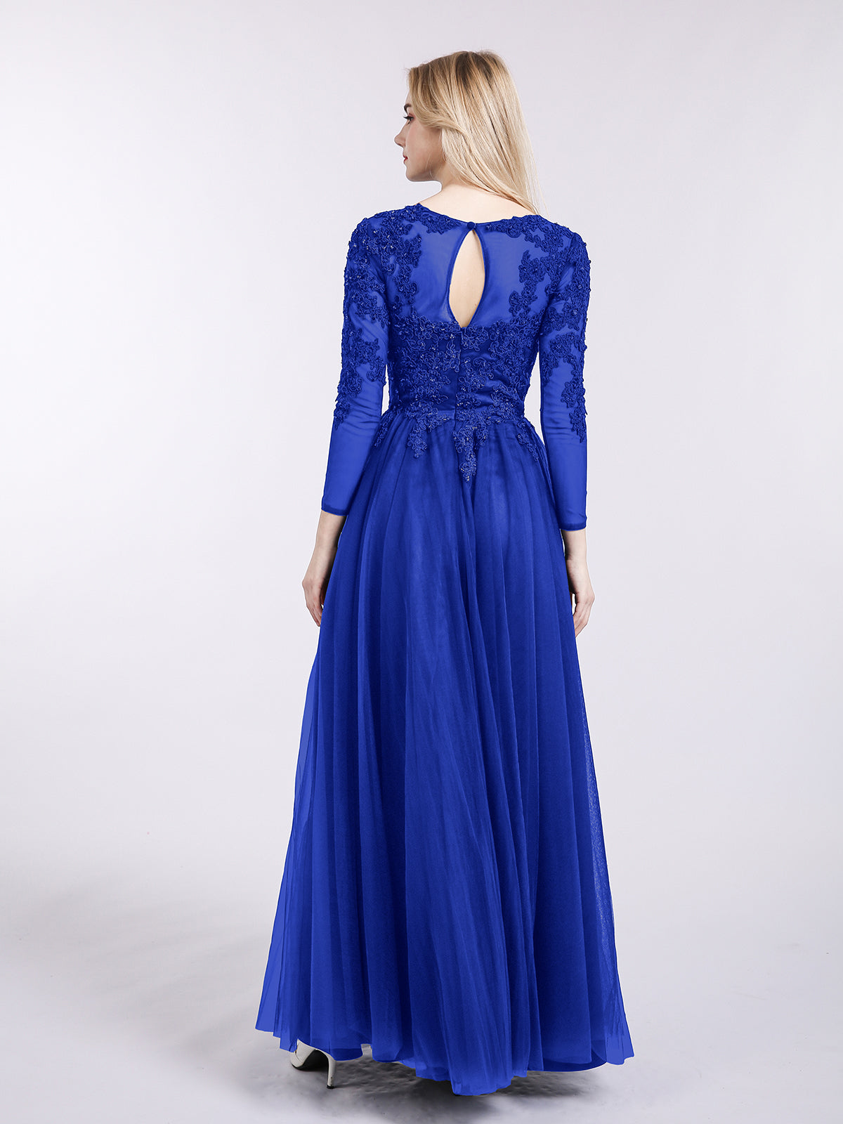 Tulle with Appliqued Long Sleeves Dress-Royal Blue