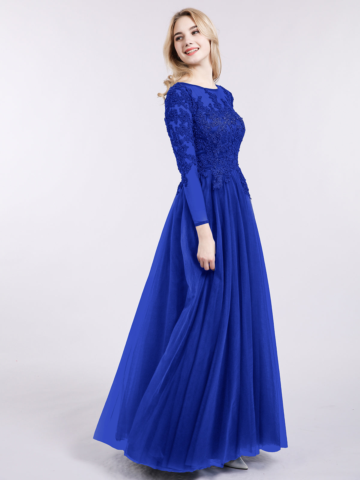 Tulle with Appliqued Long Sleeves Dress-Royal Blue