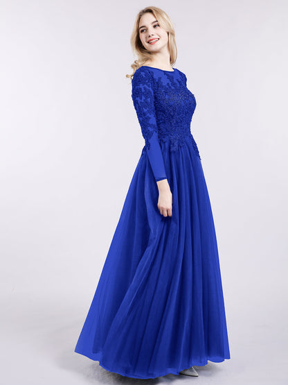 Tulle with Appliqued Long Sleeves Dress-Royal Blue