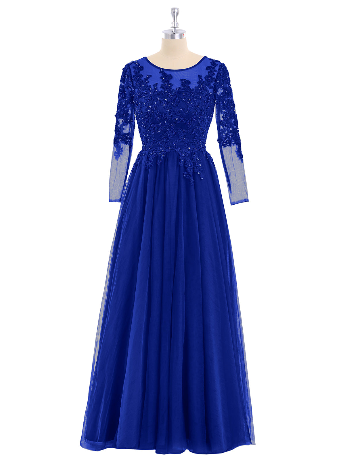 Tulle with Appliqued Long Sleeves Dress-Royal Blue