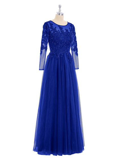 Tulle with Appliqued Long Sleeves Dress-Royal Blue
