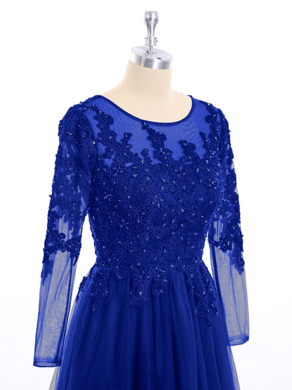 Tulle with Appliqued Long Sleeves Dress-Royal Blue
