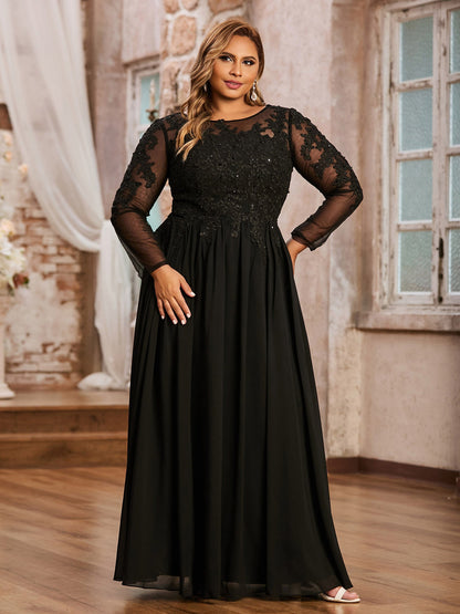 Tulle with Appliqued Long Sleeves Dress-Black Plus Size