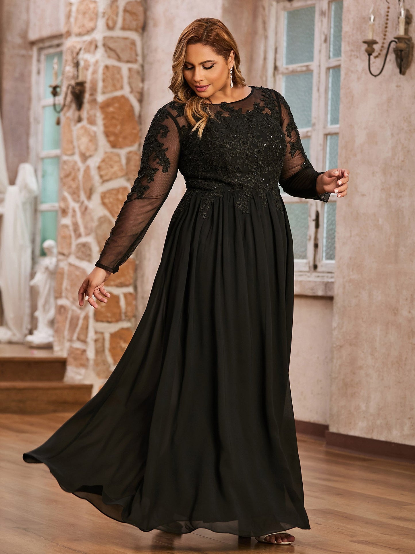 Tulle with Appliqued Long Sleeves Dress-Black Plus Size