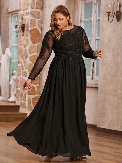 Tulle with Appliqued Long Sleeves Dress-Black Plus Size