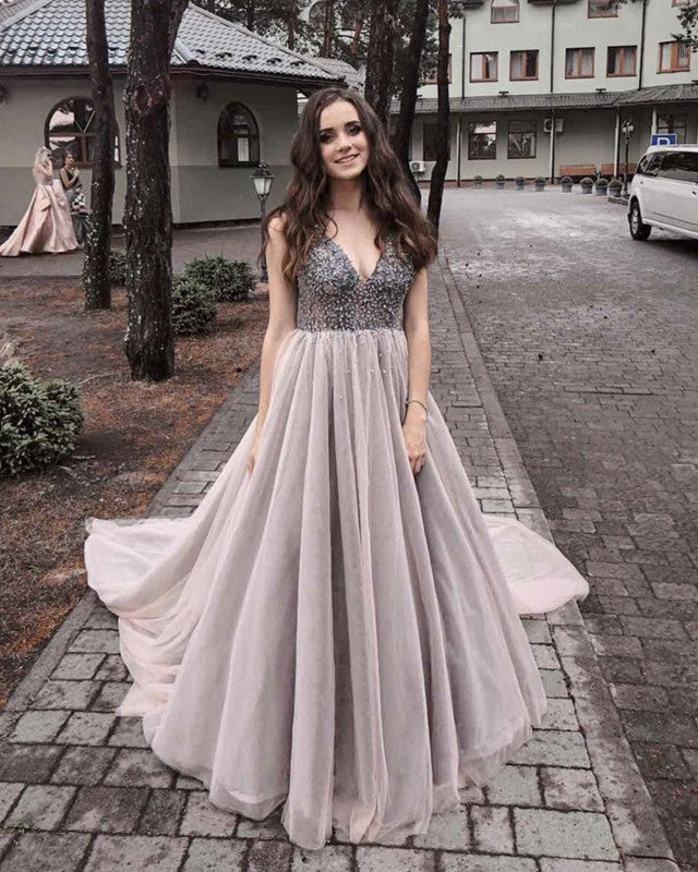 Mauve Tulle Boho Wedding Dress V Neck