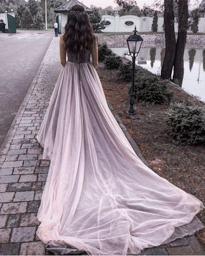Mauve Tulle Boho Wedding Dress V Neck