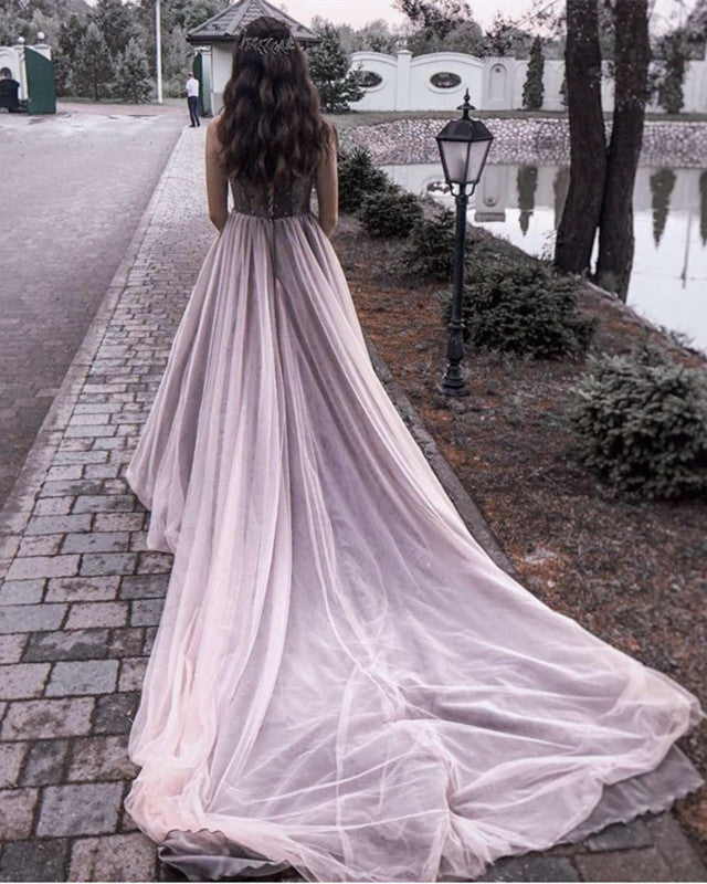 Mauve Tulle Boho Wedding Dress V Neck
