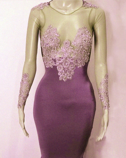 Mauve Appliques Mermaid Prom Dresses Long Sleeve