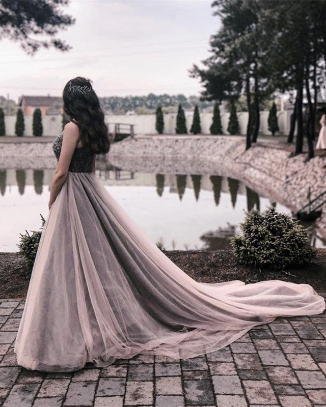 Mauve Tulle Boho Wedding Dress V Neck