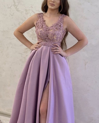 A-line Satin V Neck Appliques Split Dresses