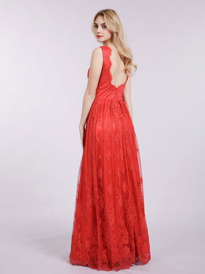 Long Full Length Gown with V Neckline-Red