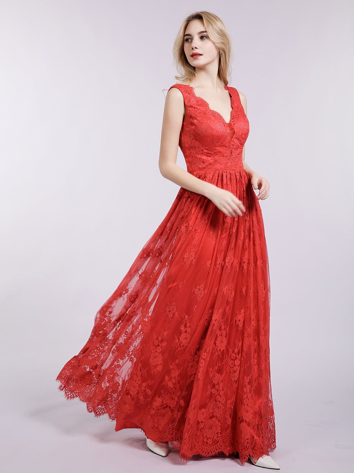 Long Full Length Gown with V Neckline-Red