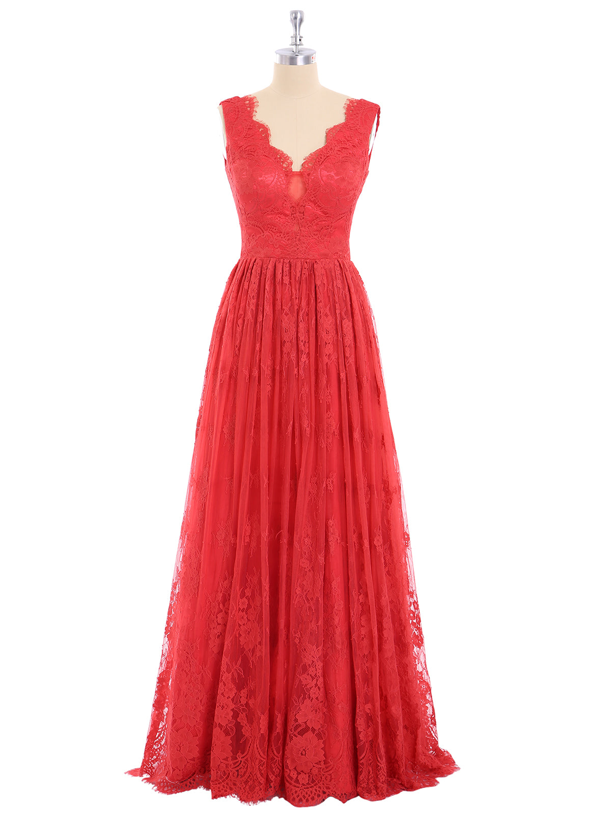 Long Full Length Gown with V Neckline-Red