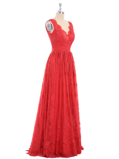 Long Full Length Gown with V Neckline-Red