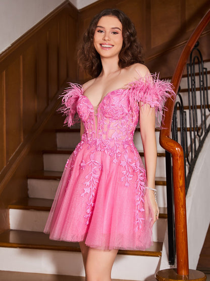 Feather Adorned Off-the-shoulder Cocktail Dress Azalea