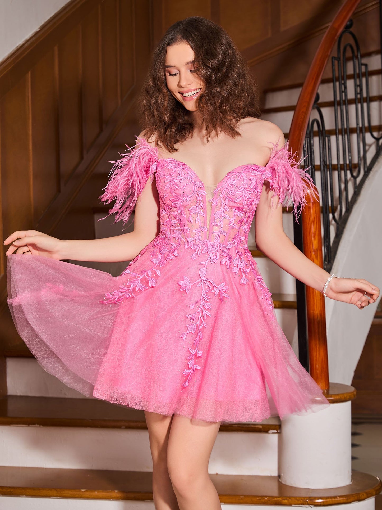 Feather Adorned Off-the-shoulder Cocktail Dress Azalea