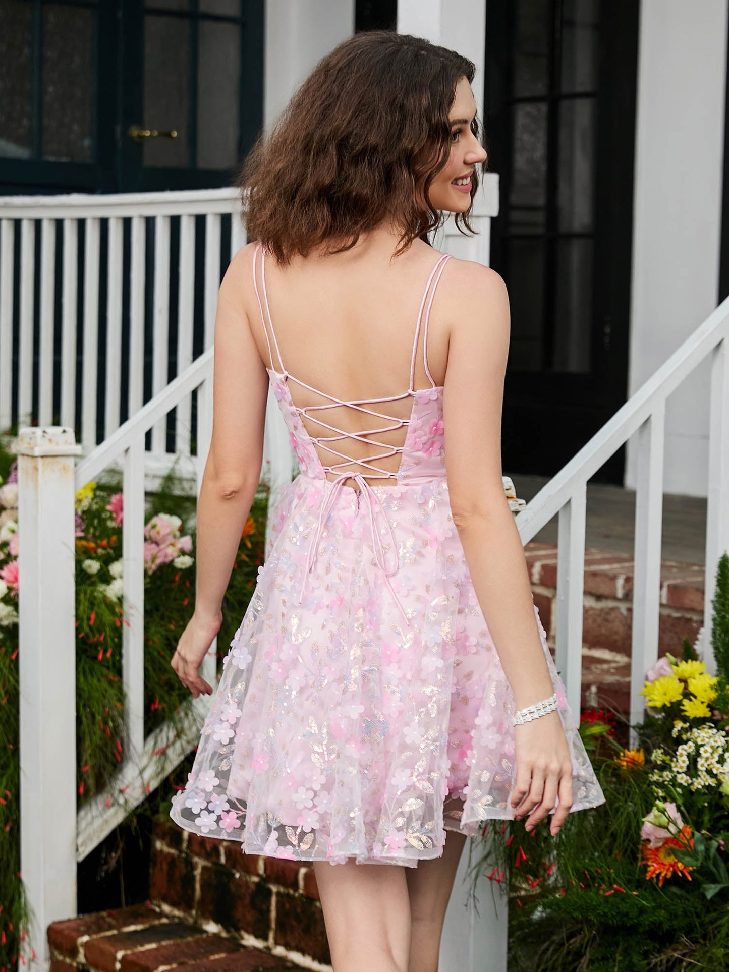 Floral Spaghetti Straps Lace A-line Mini HOCO Dress Blushing Pink