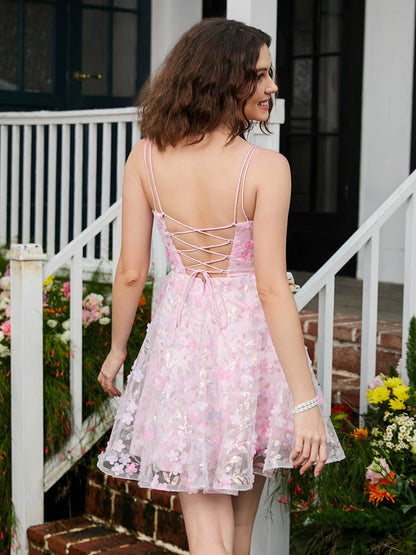 Floral Spaghetti Straps Lace A-line Mini HOCO Dress Blushing Pink