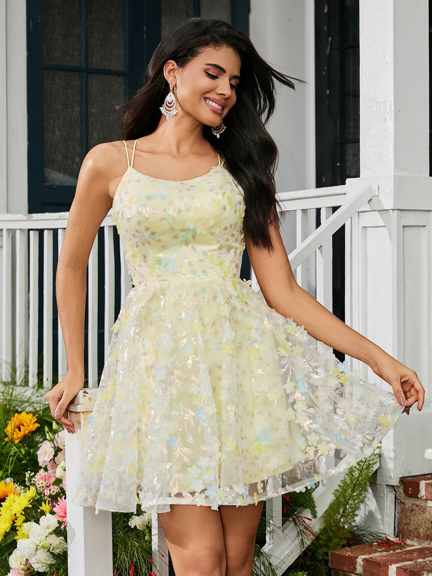 Floral Spaghetti Straps Lace A-line Mini HOCO Dress Daffodil