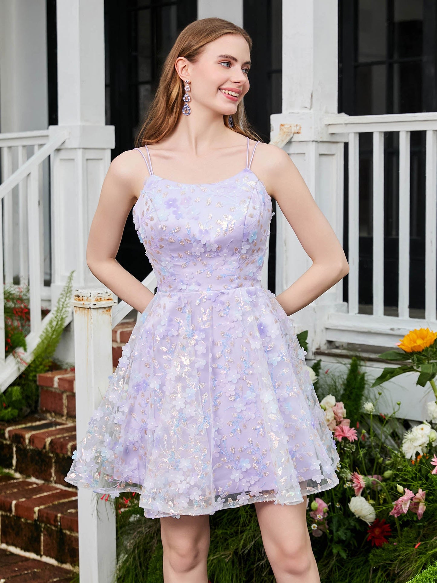 Floral Spaghetti Straps Lace A-line Mini HOCO Dress Lilac