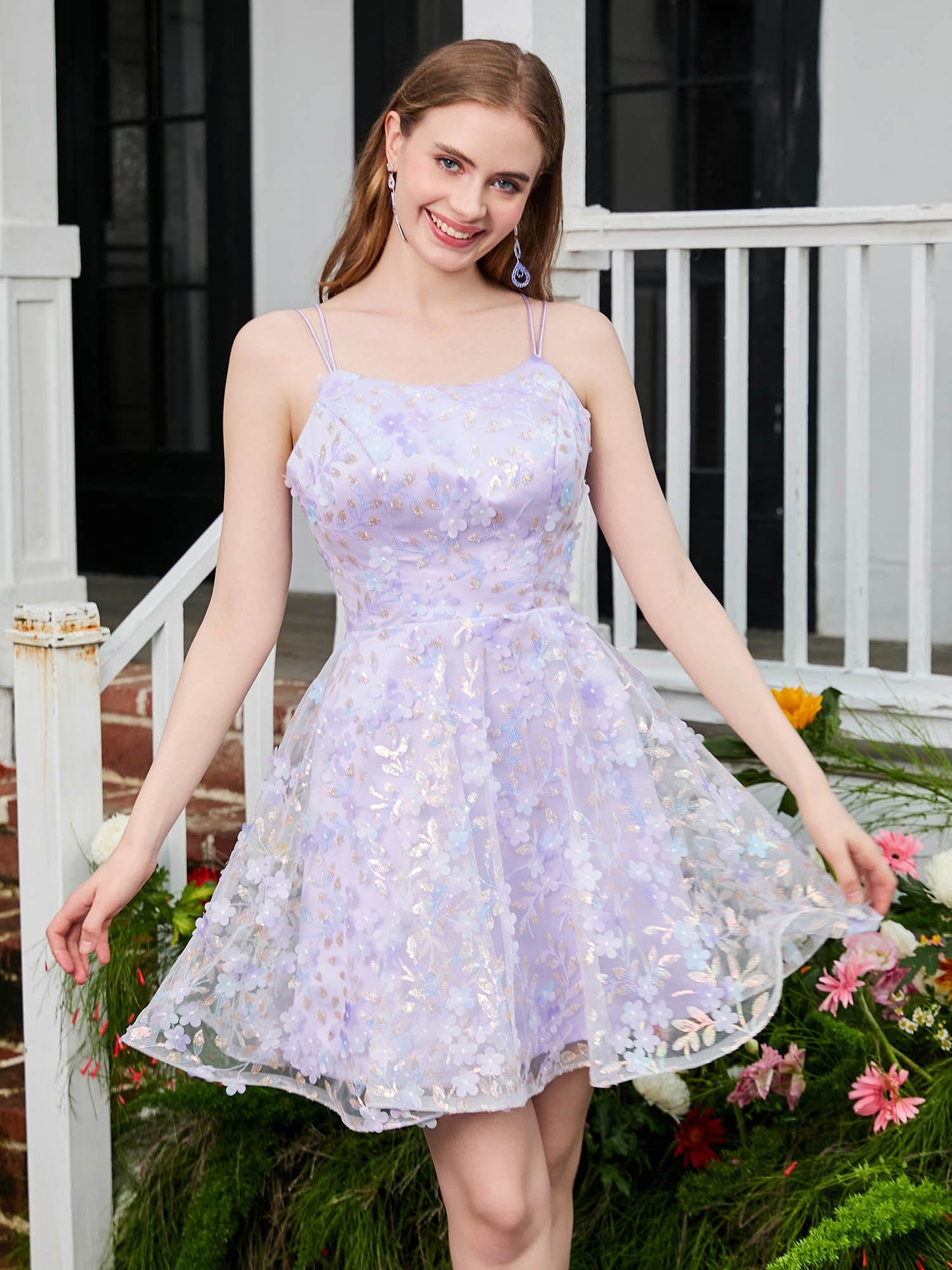 Floral Spaghetti Straps Lace A-line Mini HOCO Dress Lilac