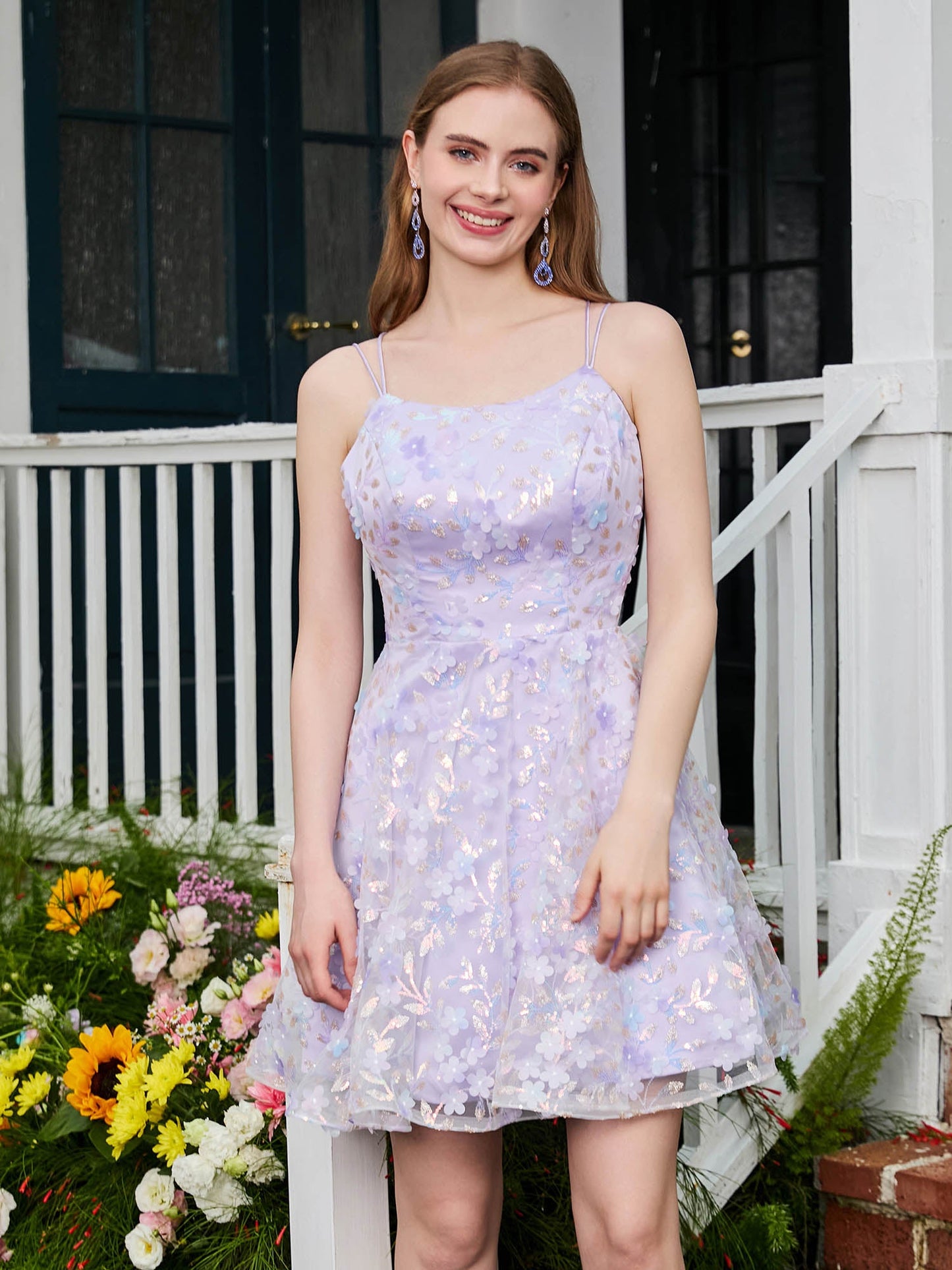 Floral Spaghetti Straps Lace A-line Mini HOCO Dress Lilac