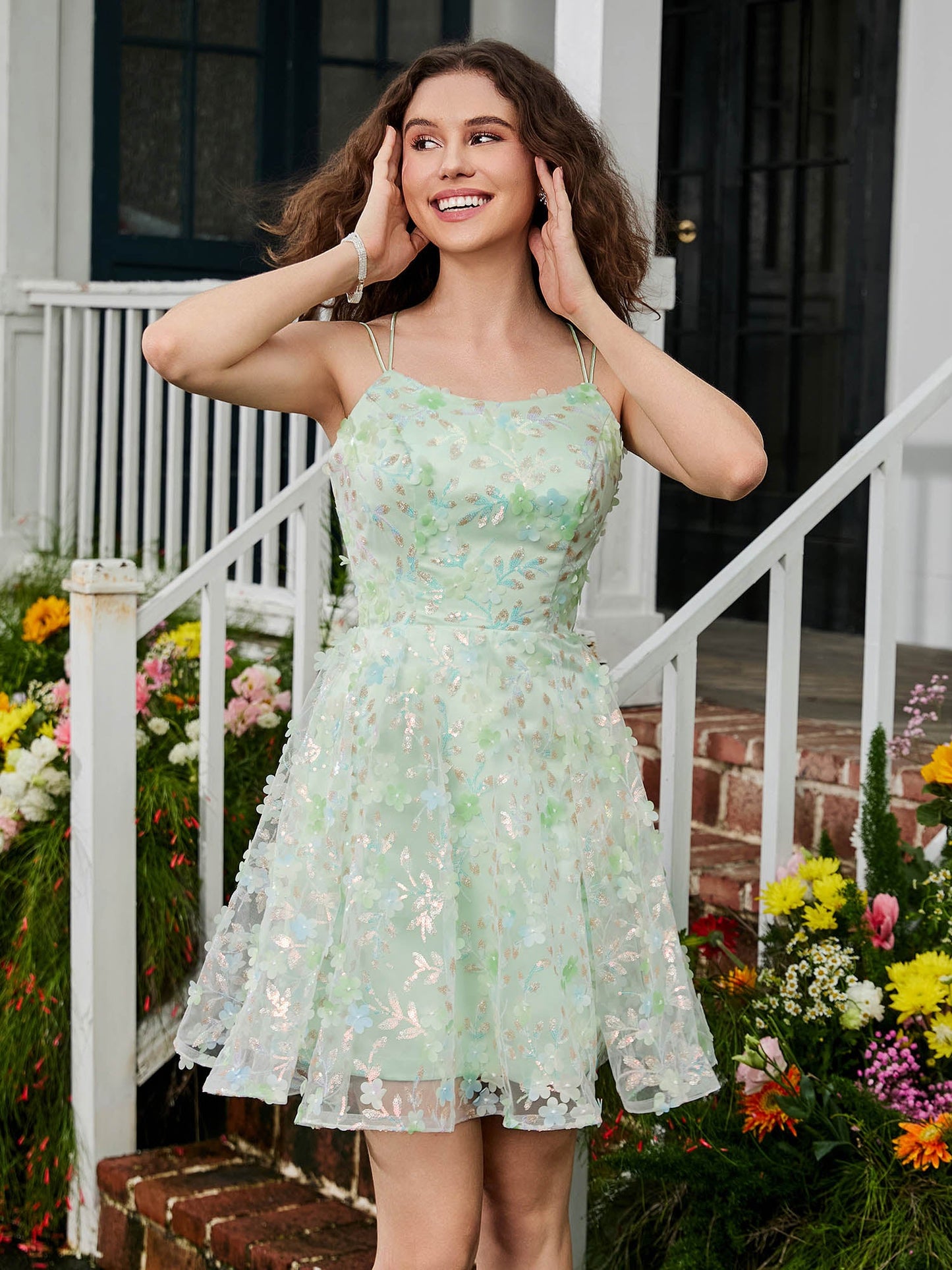 Floral Spaghetti Straps Lace A-line Mini HOCO Dress Sage