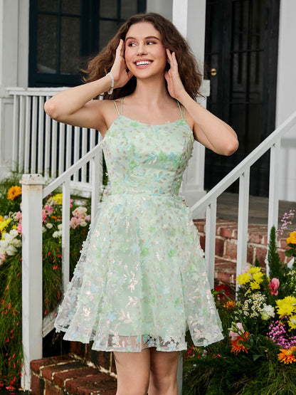 Floral Spaghetti Straps Lace A-line Mini HOCO Dress Sage