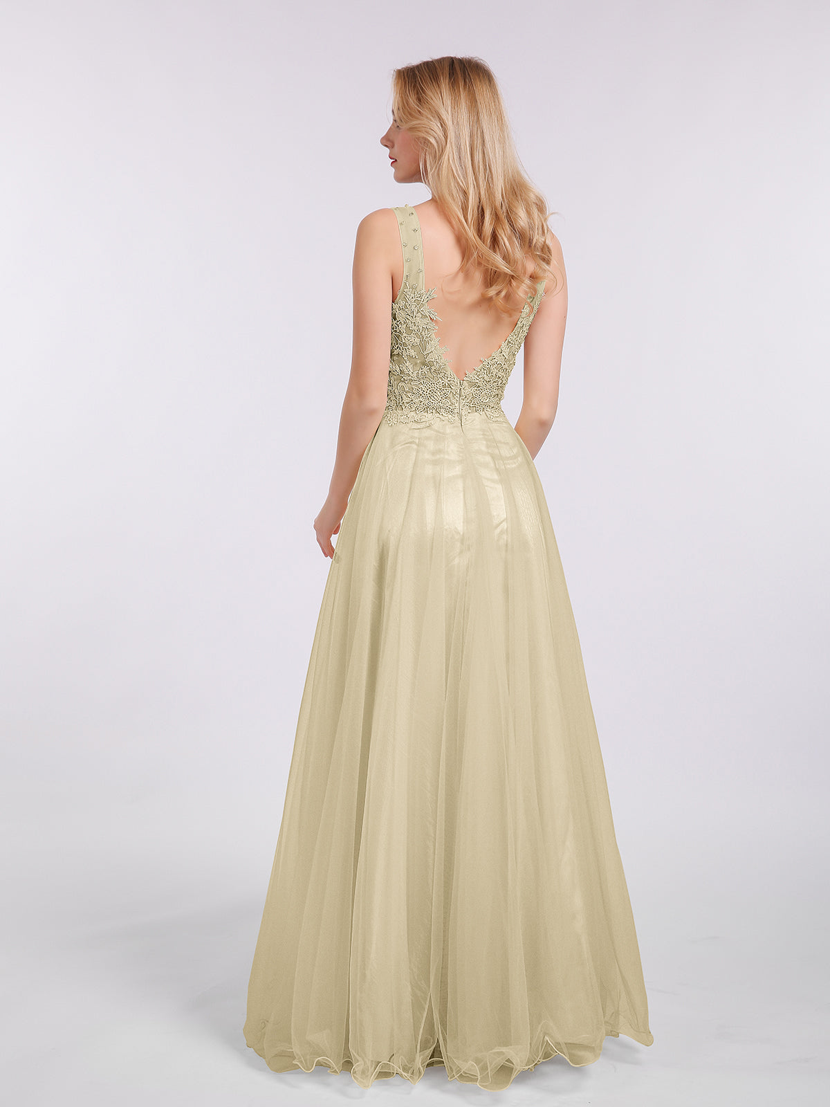 Long Tulle See Through Bodice Dress-Champagne