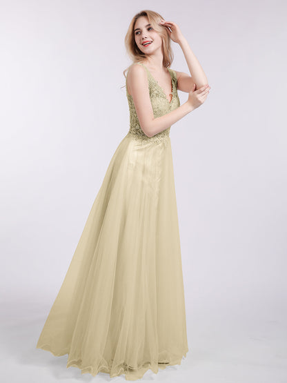 Long Tulle See Through Bodice Dress-Champagne