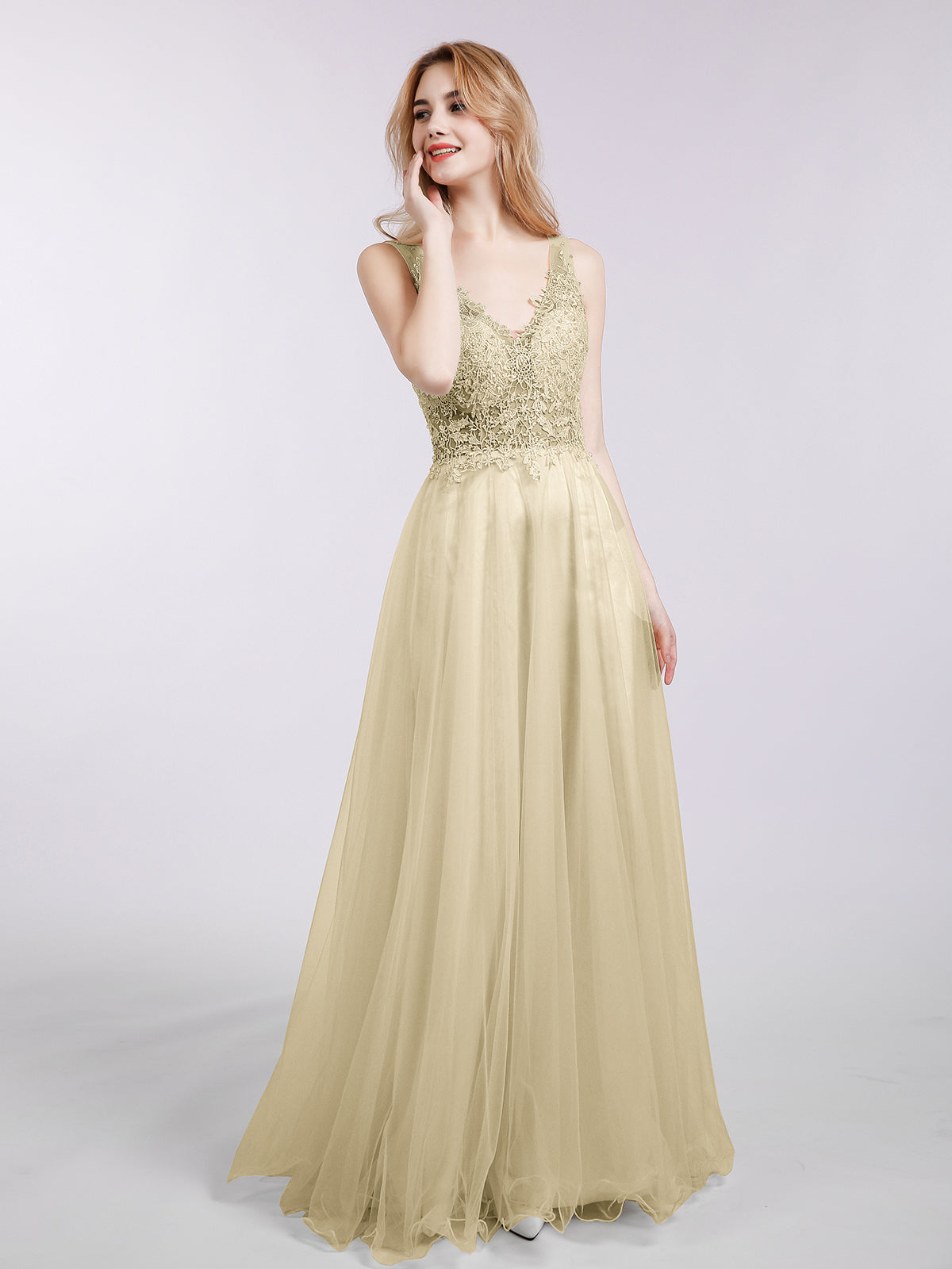 Long Tulle See Through Bodice Dress-Champagne