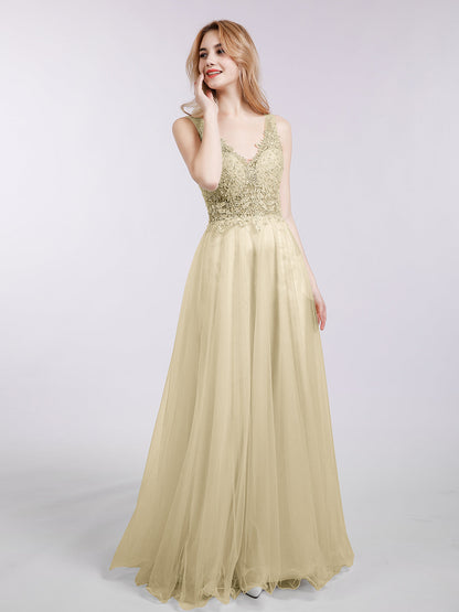 Long Tulle See Through Bodice Dress-Champagne