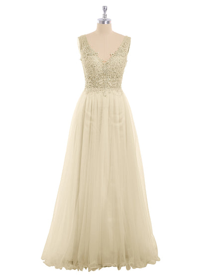 Long Tulle See Through Bodice Dress-Champagne
