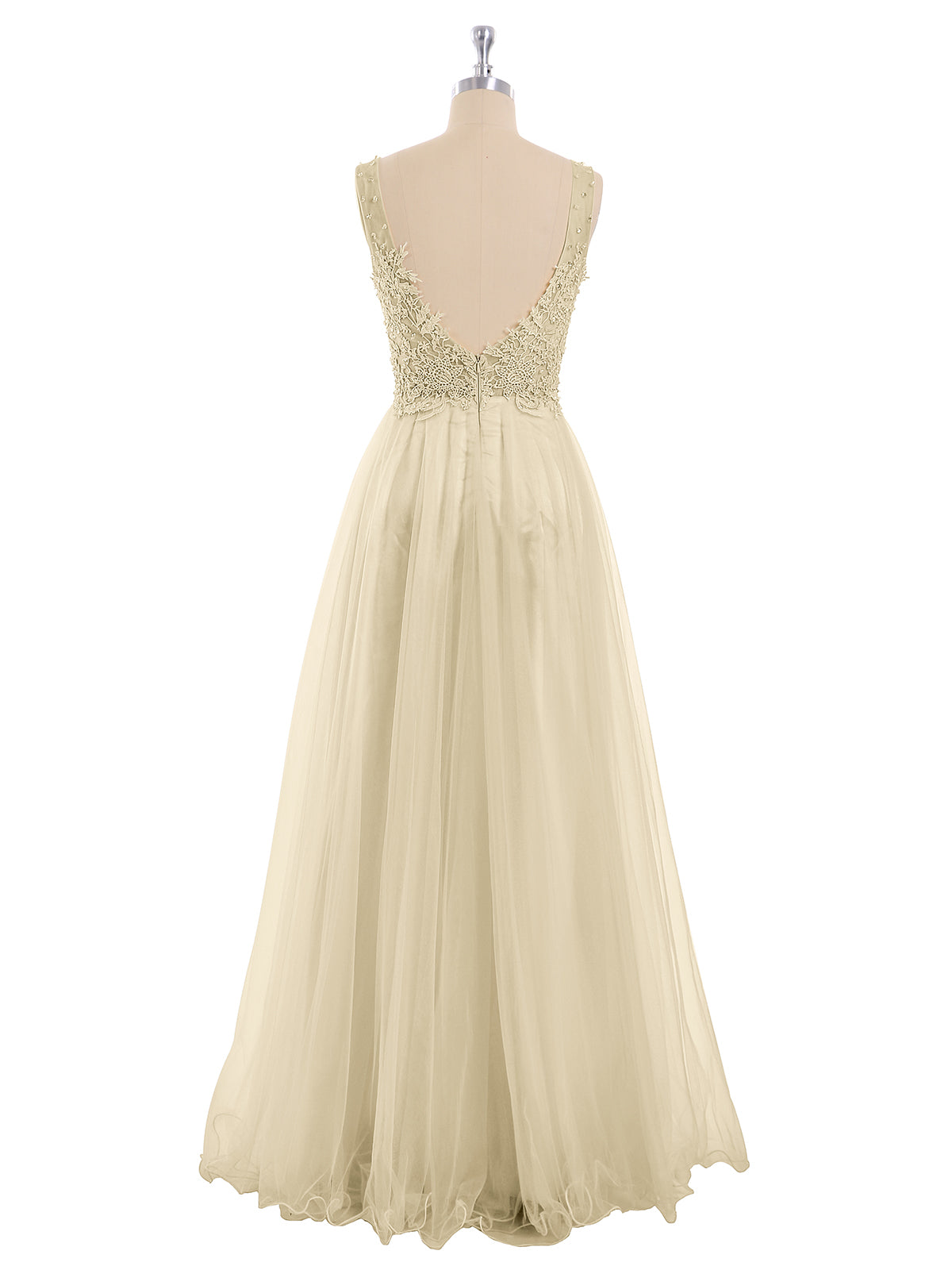 Long Tulle See Through Bodice Dress-Champagne