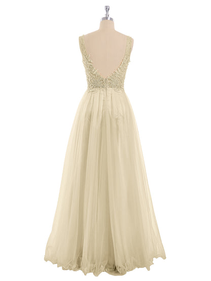 Long Tulle See Through Bodice Dress-Champagne