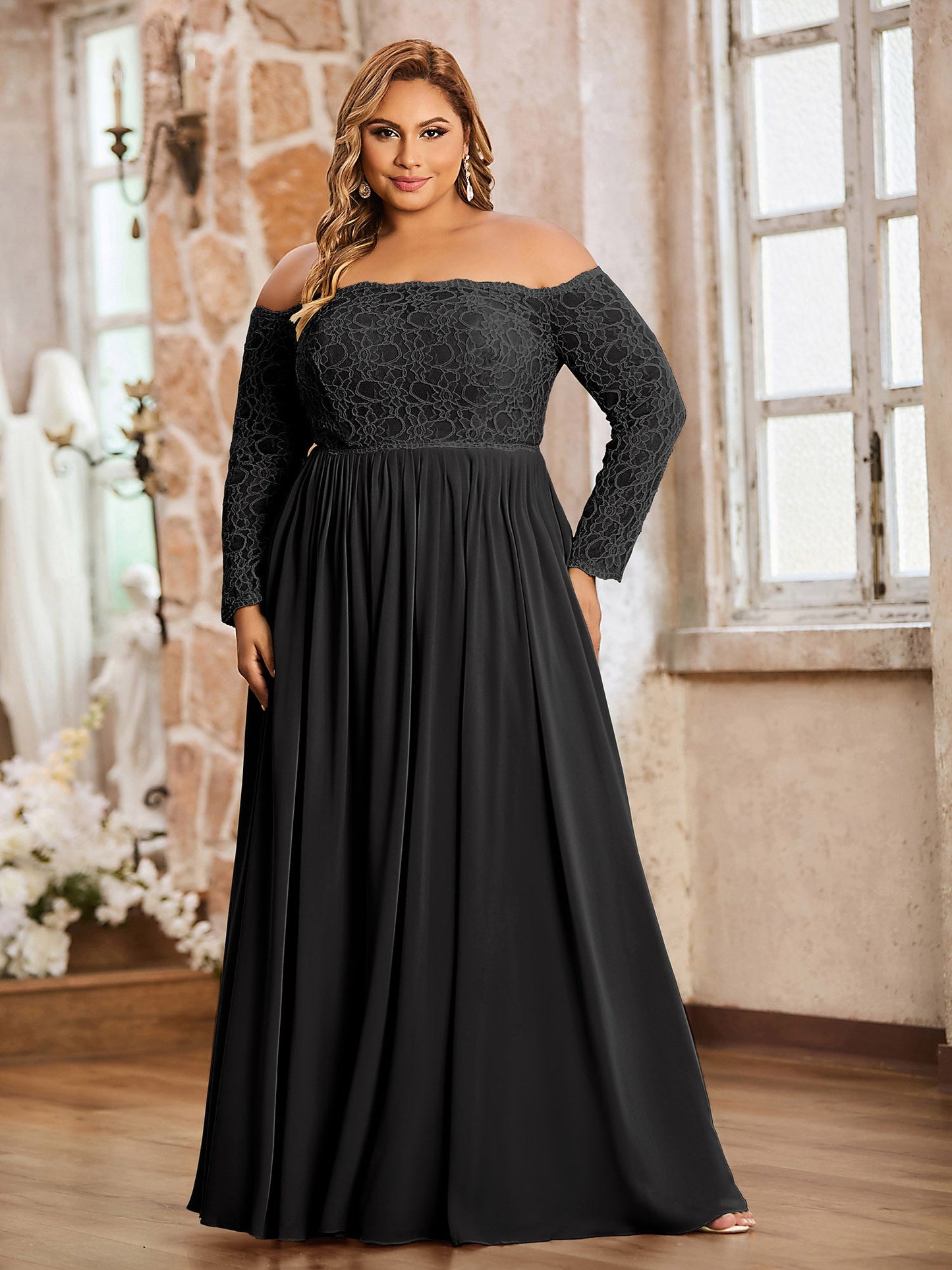 Lace and Chiffon Long Sleeves Dresses with Pockets-Black Plus Size